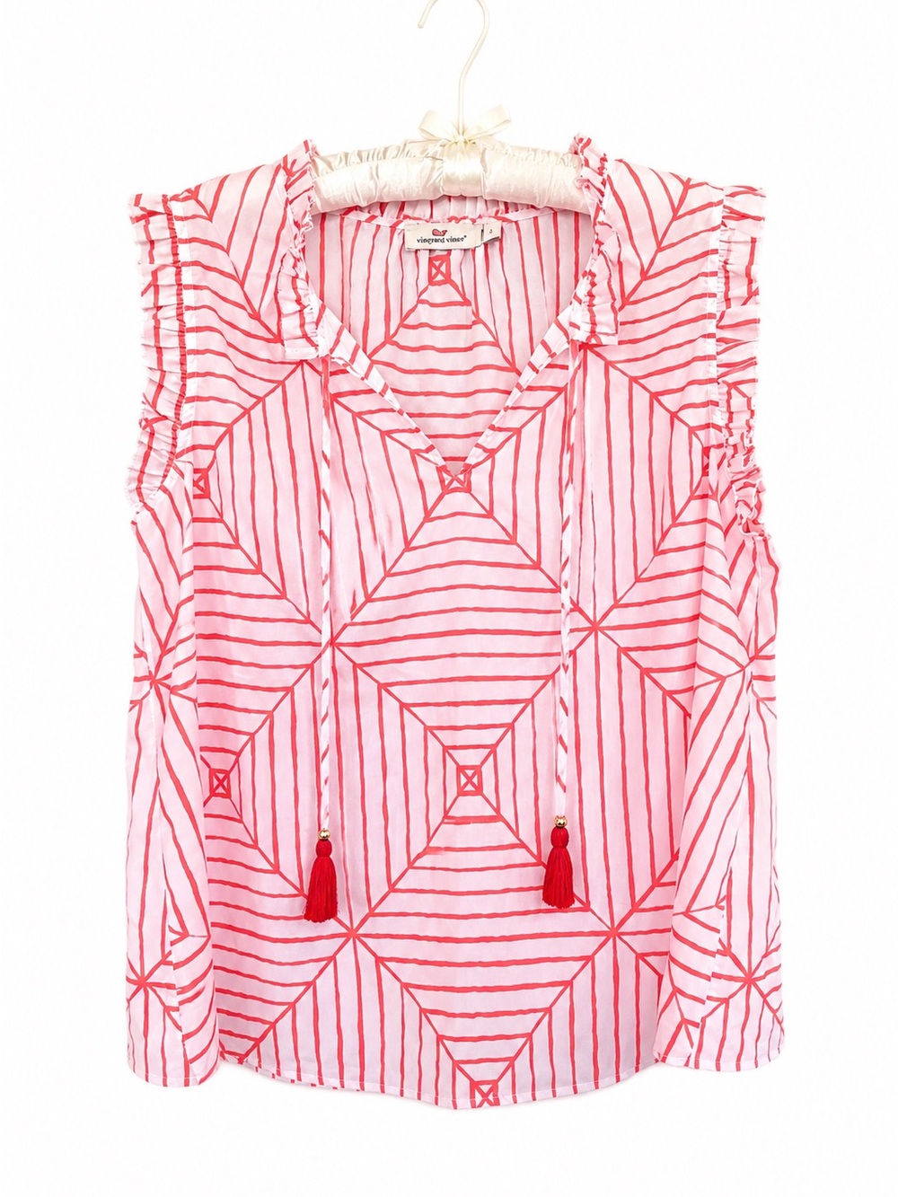 Vineyard Vines Pink and White Geometric Tassel Sleeveless Top